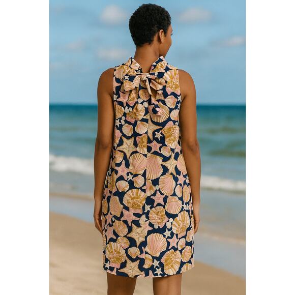 Tyler Boe SZ L Stella Seashells Mini Dress Sleeveless Ruffle Neck Back Tie - Picture 2 of 8